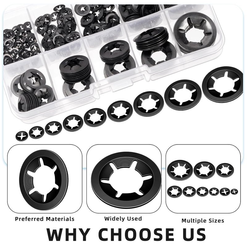 Glarks 351pcs 65Mn-Steel Internal Tooth Star Lock Washers Assortment Kit M2-M12 Quick Speed Locking Washers - Image 3